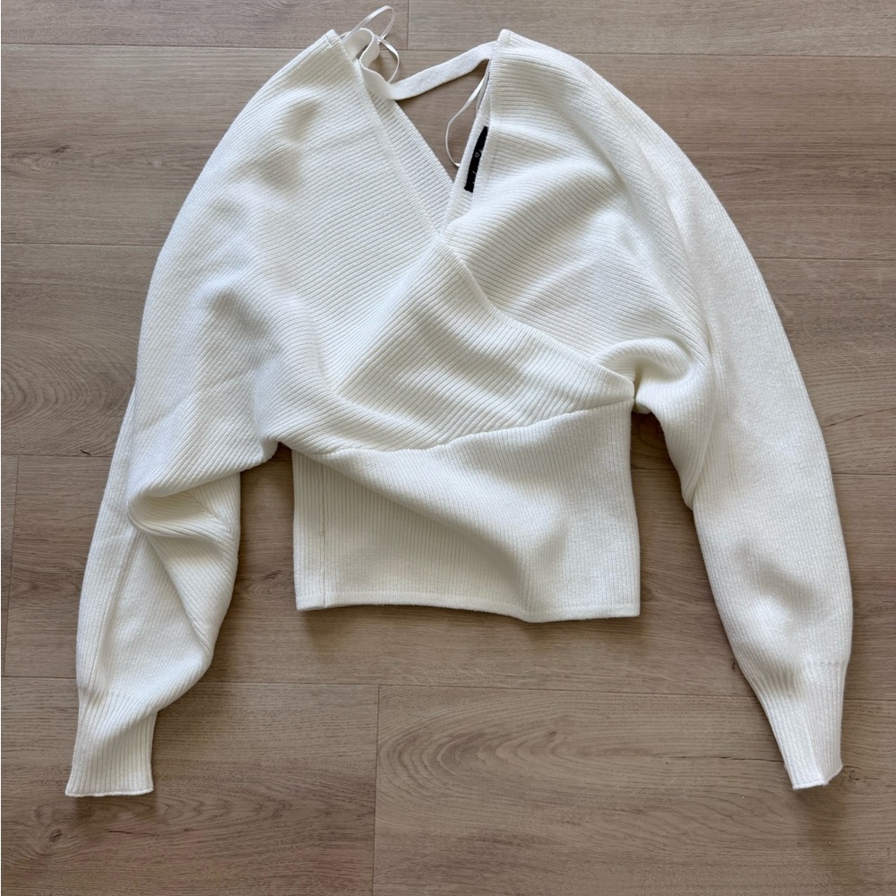 Love Tree White Ribbed Knit Wrap Sweater